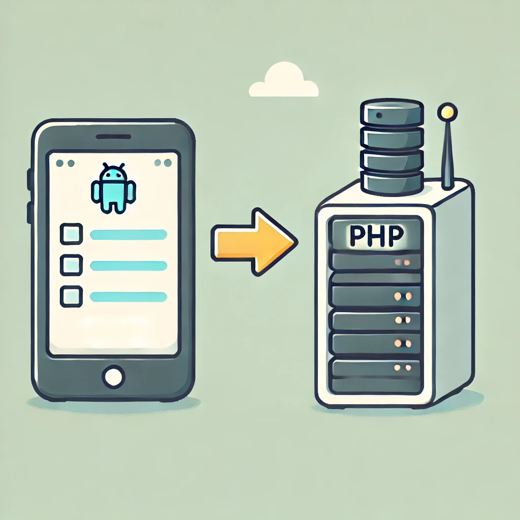DALL·E 2025-03-23 18.11.45 - Cartoon-style minimal illustration with only three elements_ a smartphone on the left, a PHP server on the right, and a single arrow pointing from the