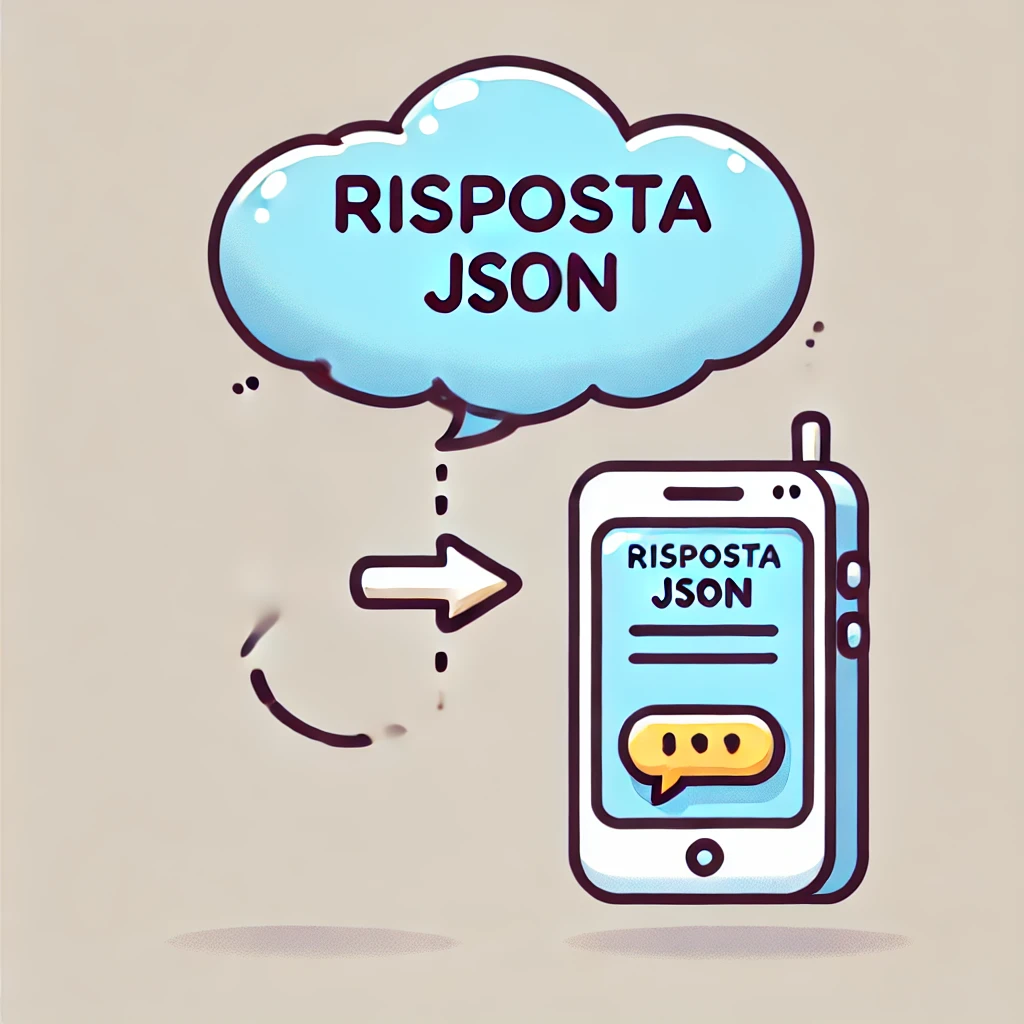 DALL·E 2025-03-23 18.12.59 - Cartoon-style minimal illustration with only three elements_ 1) a cloud-shaped speech bubble labeled 'risposta JSON', 2) a smartphone, and 3) a single